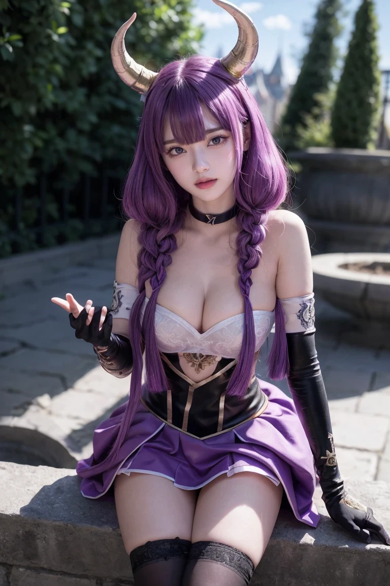 aura the guillotine,
aura the guillotine, long hair, (purple eyes:1.1), purple hair, braid, horns, twin braids, smile,
skirt, thighhighs, gloves, choker, black gloves, elbow gloves, magical girl,
outdoors,
looking at viewer,
(masterpiece:1.2), best quality, high resolution, unity 8k wallpaper, (illustration:0.8), (beautiful detailed eyes:1.6), extremely detailed face, perfect lighting, extremely detailed CG, (perfect hands, perfect anatomy),