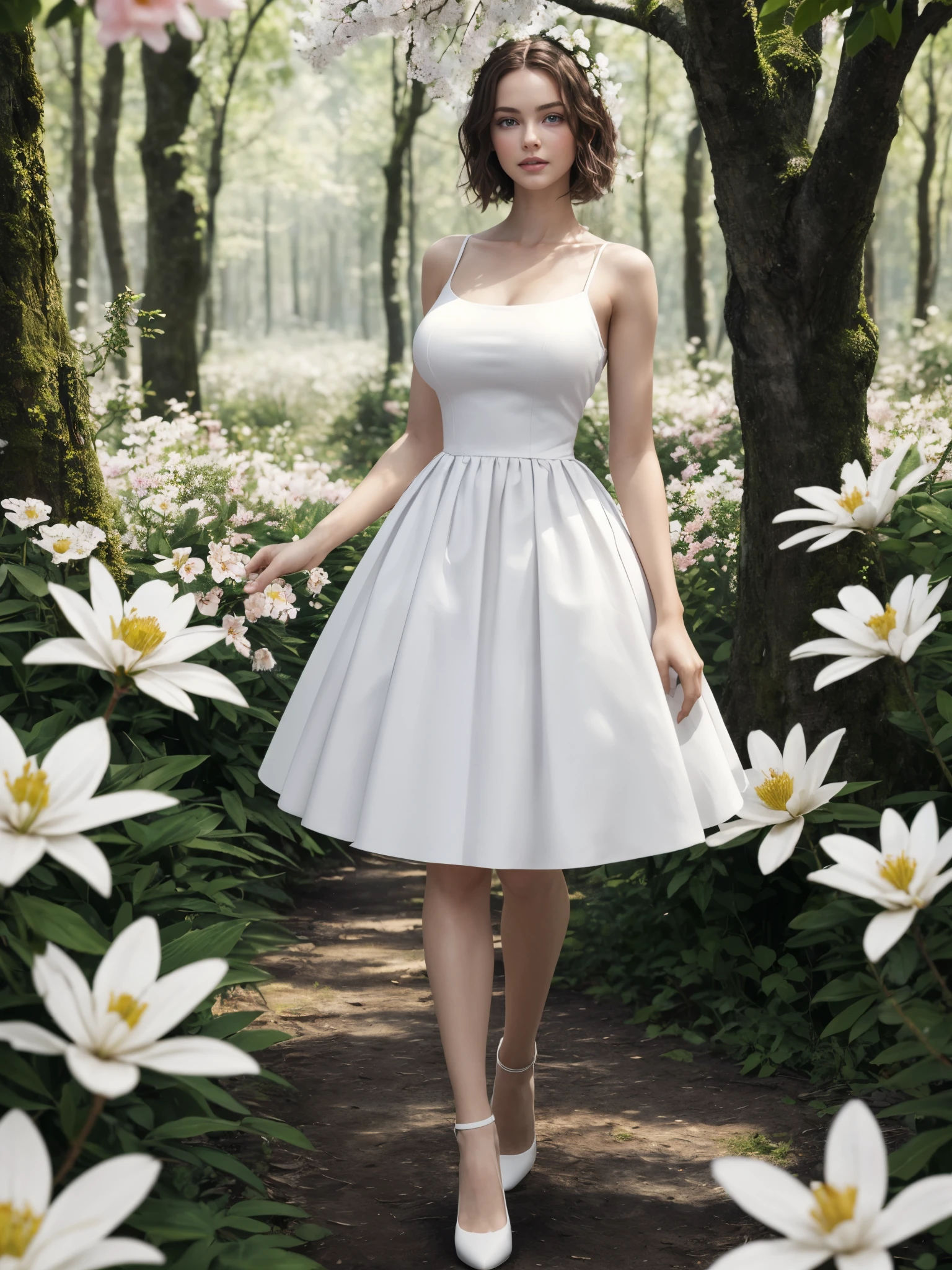 a girl with large breast, BREAK, 1girl, large breast, (full body:1.2), very high high heel, 

girl part of the tree, (beautiful tree, flower surrounding the girl), detailed face, detailed blue eyes, 3d, unreal engine, (realistic:1.3), short brown hair, pink and white fantasy dress, in a forest, surrounded by white flowers, white magic in her hands