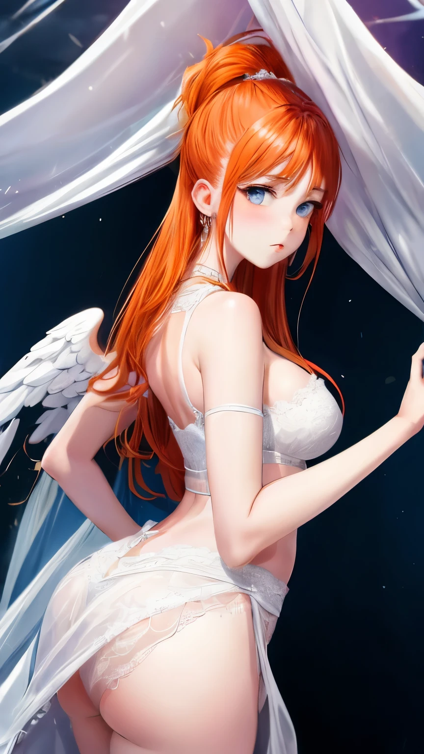 Bride, orange hair, white bride dress, exposed belly button, exposed breasts, medium sized breasts, looking at viewer, from behind angle, from below angel, exposed butt cheeks, lifts butt cheeks, blue eyes, cute face, webtoon girl, elegant,