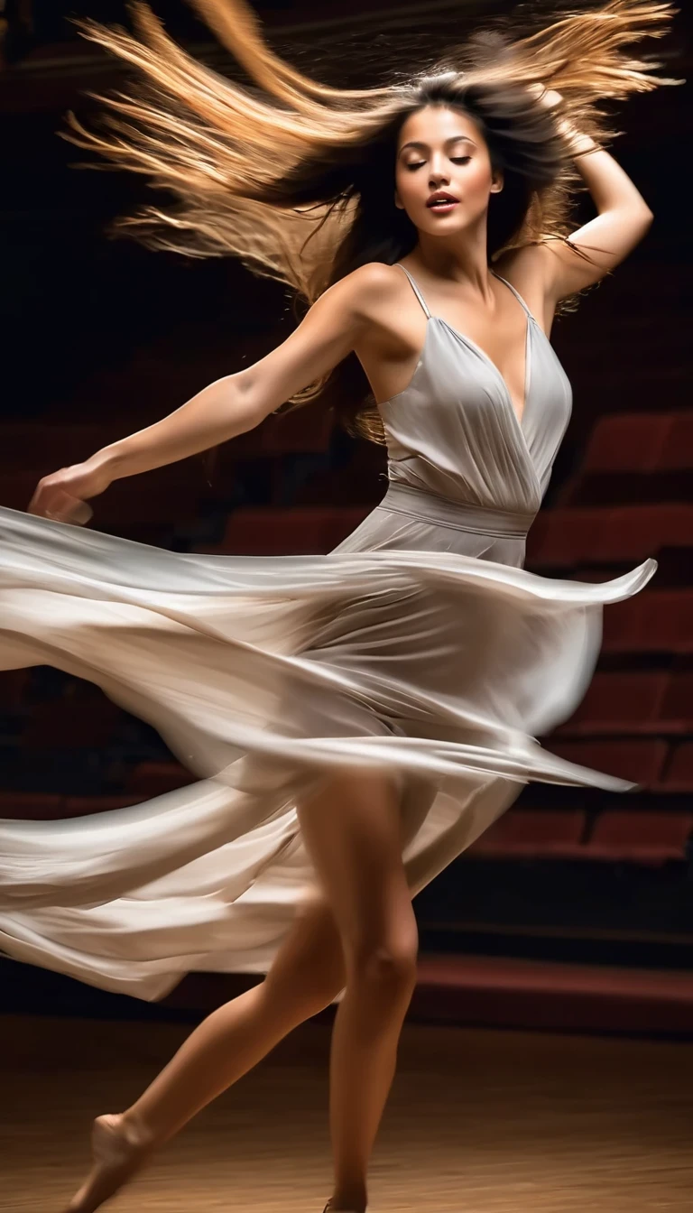 Motion blur portrait, full body portrait, low speed photography of a beautiful woman dancing on a theater stage, flying business long hair, she struggles to break free of her undergarments with only a piece of cloth adorning her natural state, photographed in an understated, realistic, hyper-realistic style,Looking up，Bottom-up，