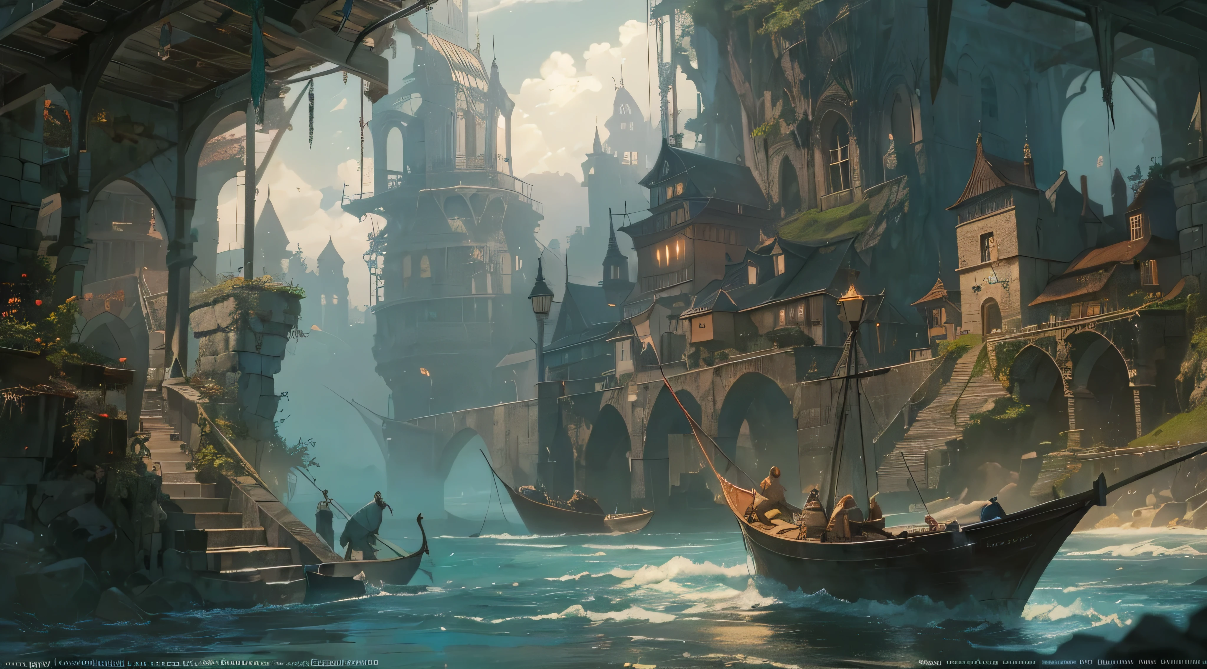 "(by Greg Rutkowski: 1.2), (masterpiece), ((best quality)), extremely delicate and beautiful, illustration, dynamic lighting, (fantasy landscape), A mesmerizing fantasy landscape with enchanting elements blending seamlessly. ((medieval coastal city (Neverwinter), ships, dungeon and dragons)), A sense of tranquility and wonder fills the air, inviting exploration and discovery. Providing a distant view that captures the grandeur and atmosphere. From Brian Froud and Carne Griffiths and Wadim Kashin and John William Waterhouse, 8K post-production, high resolution, ((highly detailed)), depth of field, HDR, intricate"