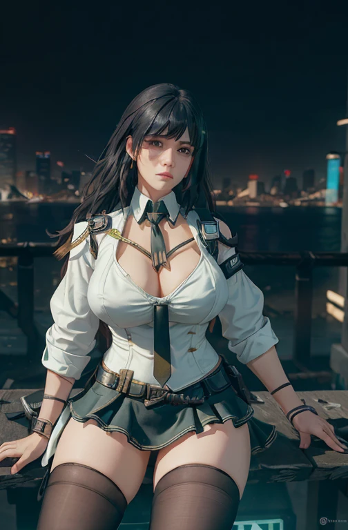 (On the table:1.1), (best quality:1.0), (Ultra-high resolution:1.0) ,(8k resolution:1.2),(Practical:1.0),(Ultra-verbose 1:0), (Sharp focus 1:0),, (light:1:1), Cyberpunk 2077, outdoor, City, Skyscraper,
1 Girl, Ahog, Bangs, Black Dark、plump big breasts、Full Body Esbian、Huge military force, (White的__:1.3), green_Pleats_skirt, colourful_hair, tie, Red_tie, shirt, , White,、adult-like、Beautiful feces、Combat System、Cold expression、Beautiful woman,Cleavage,Cleavage
