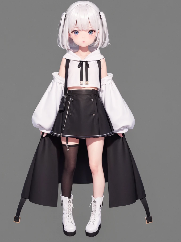 1girl、A simple long hoodie、Rib knit cuffs and hem、vtuber-fullbody、Milky white short hair、Knee-high boots、Without skirt、
