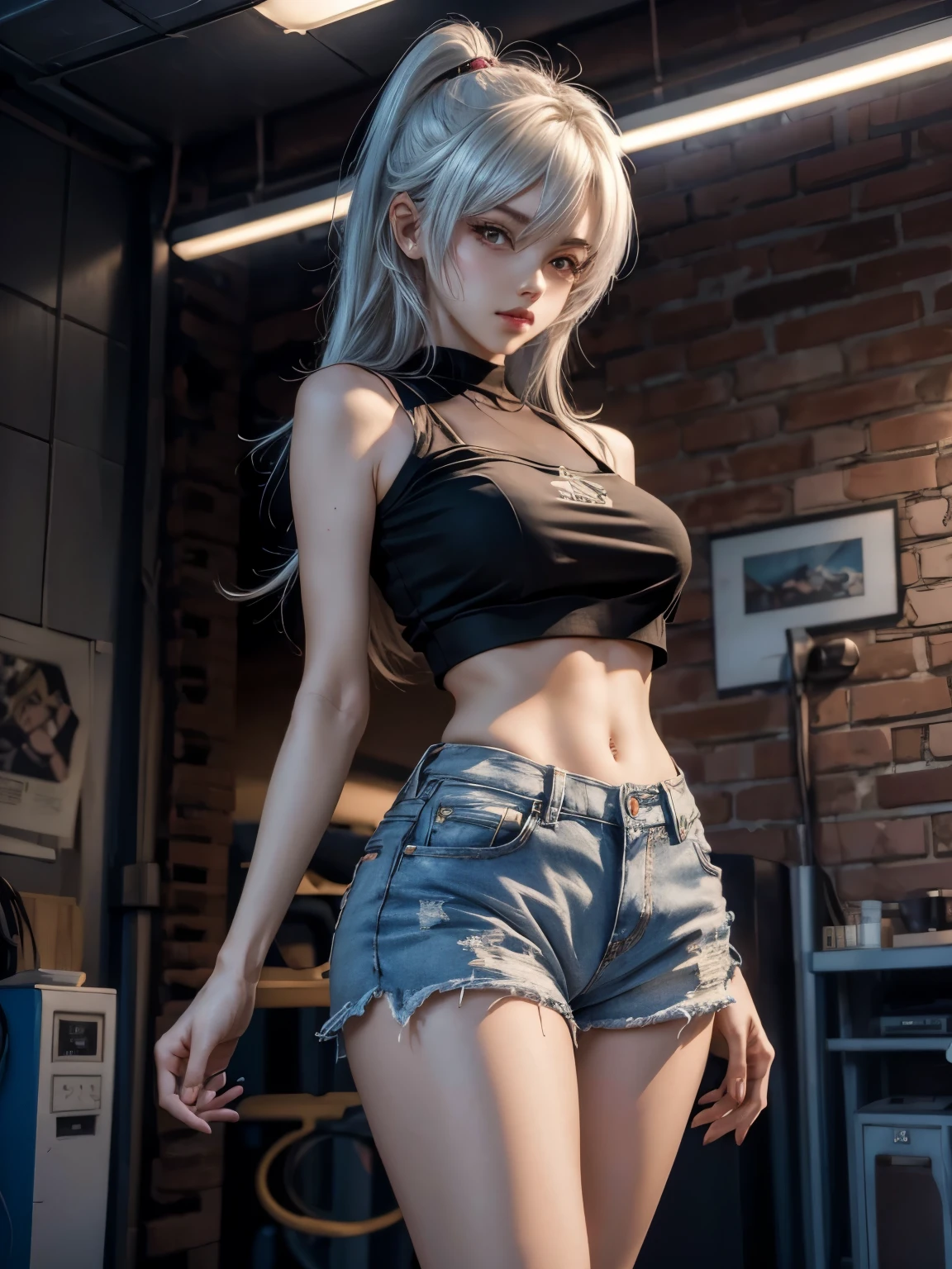 ((Browsing Caution:0.9)))、(Highest quality), ((masterpiece), (detailed: 1.4), 3d, Beautiful Cyberpunk Woman, High resolution (High Dynamic Range), Ray Tracing, NVIDIA, Super Resolution, Unreal 5, Scattered beneath the surface of the water, PBR Textures, Post-processing, Anisotropic Filtering, Written boundary depth, Exceptional clarity and sharpness, Multilayer Texture, Albedo and highlight map, Surface Shading, Accurate simulation of light-matter interactions, Perfect balance, Octane Rendering, 2-color light, Large diameter, Low ISO, White balance, Three-part method, 8K RAW, Big Breasts, Take off your pants, nude, Gray Hair, Long Hair, Lace trim, Full type, whole body, sexy charm,((( string))), Upturned buttocks, Short clothes, (See-through camisole),(((String)))
