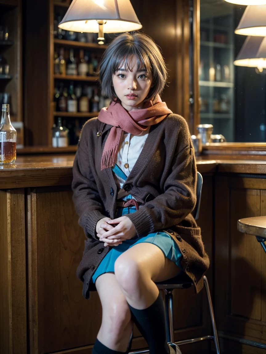 (1 lady), (Best quality at best:1.4), (ultra - detailed), (extremely detailed CG unified 16k), A Beautiful Woman with Perfect Figure: 1.4, Sharp Focus: 1.2, very detailed, High-definition RAW color photo, professional photoshooting, amazing face and eyes, cosmetics, (amazingly beautiful girl), ((yuki)), ((winter uniform, cardigan, kneehighs, blue skirt, serafuku, brown coat, scarf, kneehighs)), standing, sexyposture,(Dark and stylish bar, drinks, lamp lights, lamp lights:1.3), (look from down), realistic cinematic face, head to feet long wide zoomed out view, full body long view, photorealistic, ((realistic natural grayish purple hair style, yellowish eyes)), gorgeous, extremely beautiful face, perfect model beauty, pout mouth, Highly Detailed Face and Skin Texture, Detailed Eyes, Double Eyelids, Big Breasts, inexpressive face, cleavages, western, (masterpiece), best quality, high resolution, extremely detailed, blurred background, depth of field, cinematic lighting, amazing legs, high heels, clear and well-cared skin, drinking a shot of whisky, ((perfect hands))