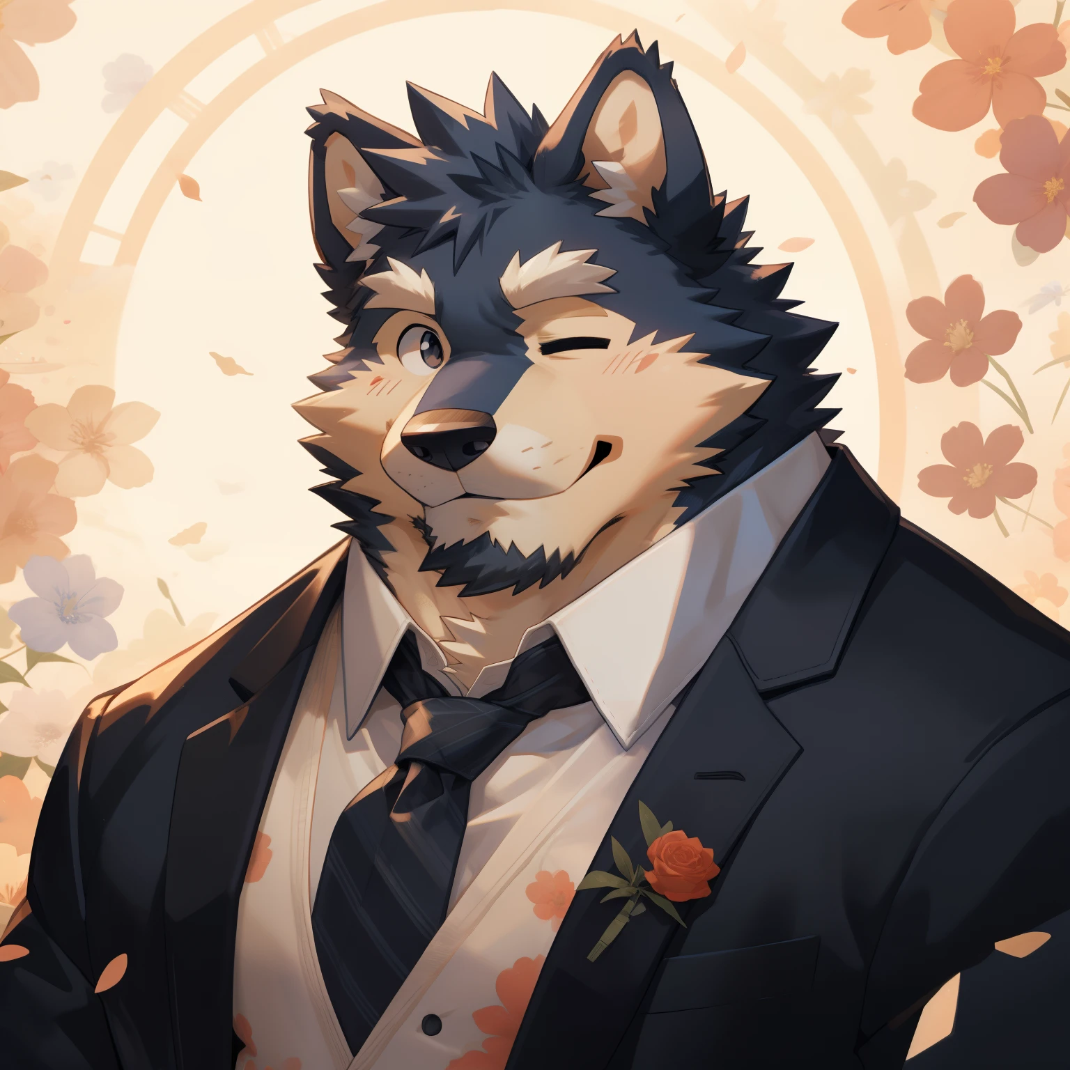 Scribble 德国牧羊dog face,Cute face,Humanity(dog),(White suit:1.3),Chubby,(white eyebrows:1.1),（With one eye closed:1.2）,(perfect black eyes), Wedding background,print style。（Artist:Takemoto Arashi）