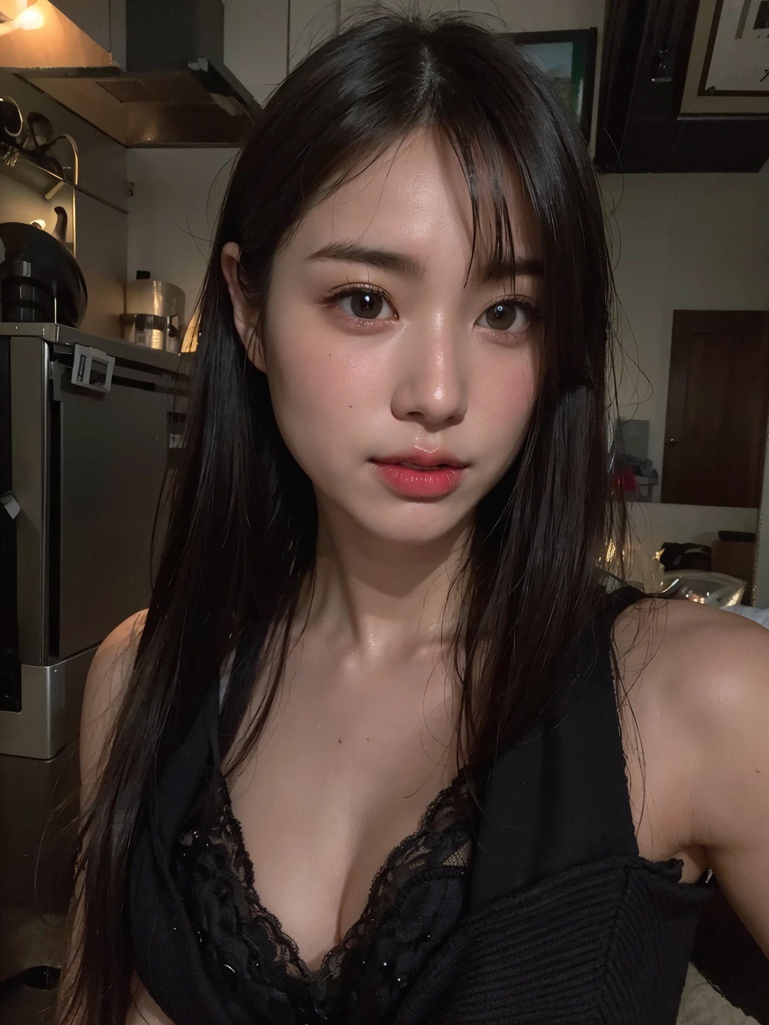 (masterpiece:1.3), (8k, Photorealistic, Raw photo, Best image quality: 1.4), Japanese 、(Random Hairstyles:1.2)、Cleavage:1.2、Super detailed face、Attention to detail、double eyelid、Close your chest、Sharp focus:1.2、Beautiful woman:1.4、Light brown hair、highest quality、masterpiece、超A high resolution、(Photorealistic:1.4)、Highly detailed and professionally lit smile、Loose, lightweight knitwear、Show your shoulders、thin、Serious expression、Short-haired、Deadly position