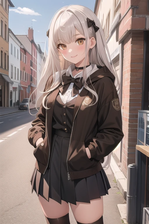 masterpiece, highest quality, High resolution, BBS, melusine, (brown eyes:1.5), long hair, white hair, sidelocks,, black choker, bow tie, Collared shirt, hoodie, Black jacket, Open clothes, Long sleeve, Grey Skirt, Pleated skirt, Black knee socks, Are standing, Cowboy Shot, smile, Outdoor