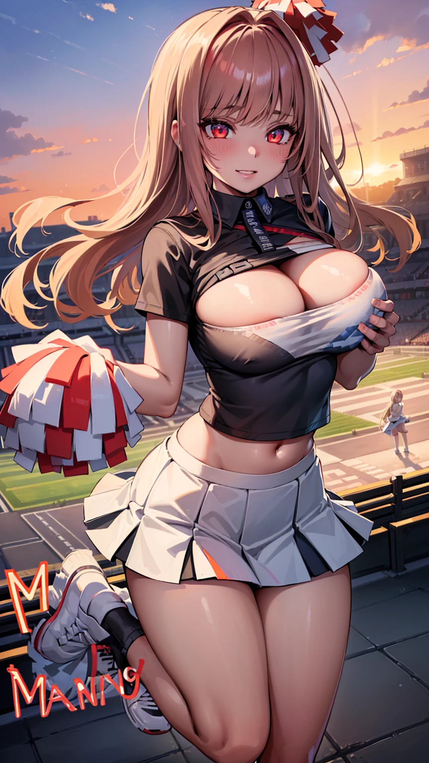 ((highly detailed)), ((nikke)), ((rapi: 1.2)), perfect human hands, (great breast:1.1),masterpiece, best quality, ultra-detailed, glistening shiny, glowing light, ray tracing, HDR, deph of field, (perfect face, detailed face, detailed eyes,perfect hands,perfect fingeredium :1.2),8k,HD,ultra realistic face,ray tracing,perfect lighting,best quality, ultra-detailed, shiny eyes, ( smile:1.1), ((1girl:1.2)),cowboy shot,thicc,streaked_hair,((brown gradient hair)),multicolored eyes, gradient eyes, red eyes, (glowing eyes:1.5), mascara, (fashion make up), (parted lips,blush, detailed face, (((cheerleader))), stadium , (((morning:1.4))), dark blue sky),((super detailed background)),((super detailed background)), dynamic poses, ((8k wallpaper)), (mature female), black thighhighs, gigantic sagging breast, (((lifting up skirt:1.4))), (((cheerleader outfit))), (((pom poms in hands:1.3))), (((pepper inside a stadium))), (((cheerleader shirt:1.2))), (((cheerleader t-shirt))), (((mini skirt: 1.3))), (((white panties:1.3))), (((jumping:1.4)))