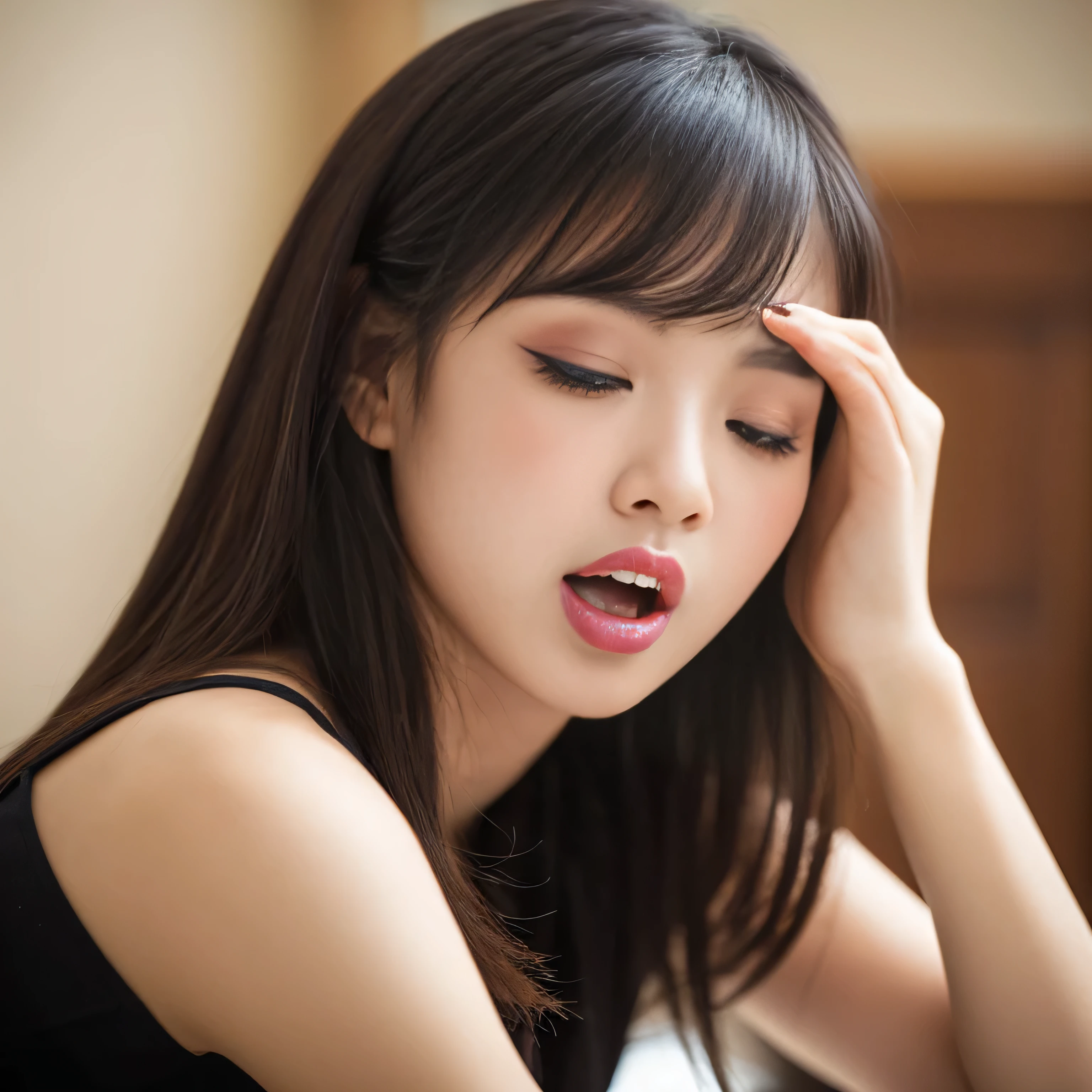 (Mouth open:1.6) (The eyes are narrowed:1.6) (She is facing forward:1.2) (Face close-up:1.3) (Professional photographer taking pictures with a single-lens reflex camera 8K) ((Her bangs are very neatly cut and reach down to her eyes.)) (Her hair is parted in the center) (Her hair is very shiny and glossy, Are you okay, thick, silky, And incredibly straight medium-long hair) ((highest quality)), ((masterpiece)), (Familiar), Perfect Face (Surreal photos by professional photographers) (She has a typical Japanese build and skin color., Her skin is very delicate and sensitive.、And such beautiful glowing skin) (Her face is long, Small eyes and small nose.、Narrow-mouthed And the most beautiful) (She is one of the most beautiful 18-year-old Japanese high school girls in Japan..) (She has a professional and ladylike makeup:1.2 Lipstick is natural red The eyeliner is a beautiful black) (She is wearing a beautiful white silk dress. :1.2) (This is a luxury hotel room..) (And get used to it) (She is staring at your genitals with a naughty look on her face.:1.4) (Her face is so sensual and beautiful) double eyelid Beautiful woman:1.4 ((She is sitting upright)) Beautifully detailed face 8k, ,(Actual, Vibrant:1.4), 8k, Photorealistic, RAW Photos, Best image quality: 1.4) Pay attention to the details