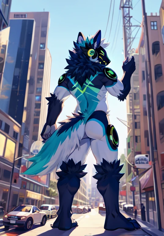 Protogen, (white fur with some green strands of fur) , city, happy, male, 8 foot 0, standing, looking at viewer, muscular, (big ass), back view, naked, macro, bending over,