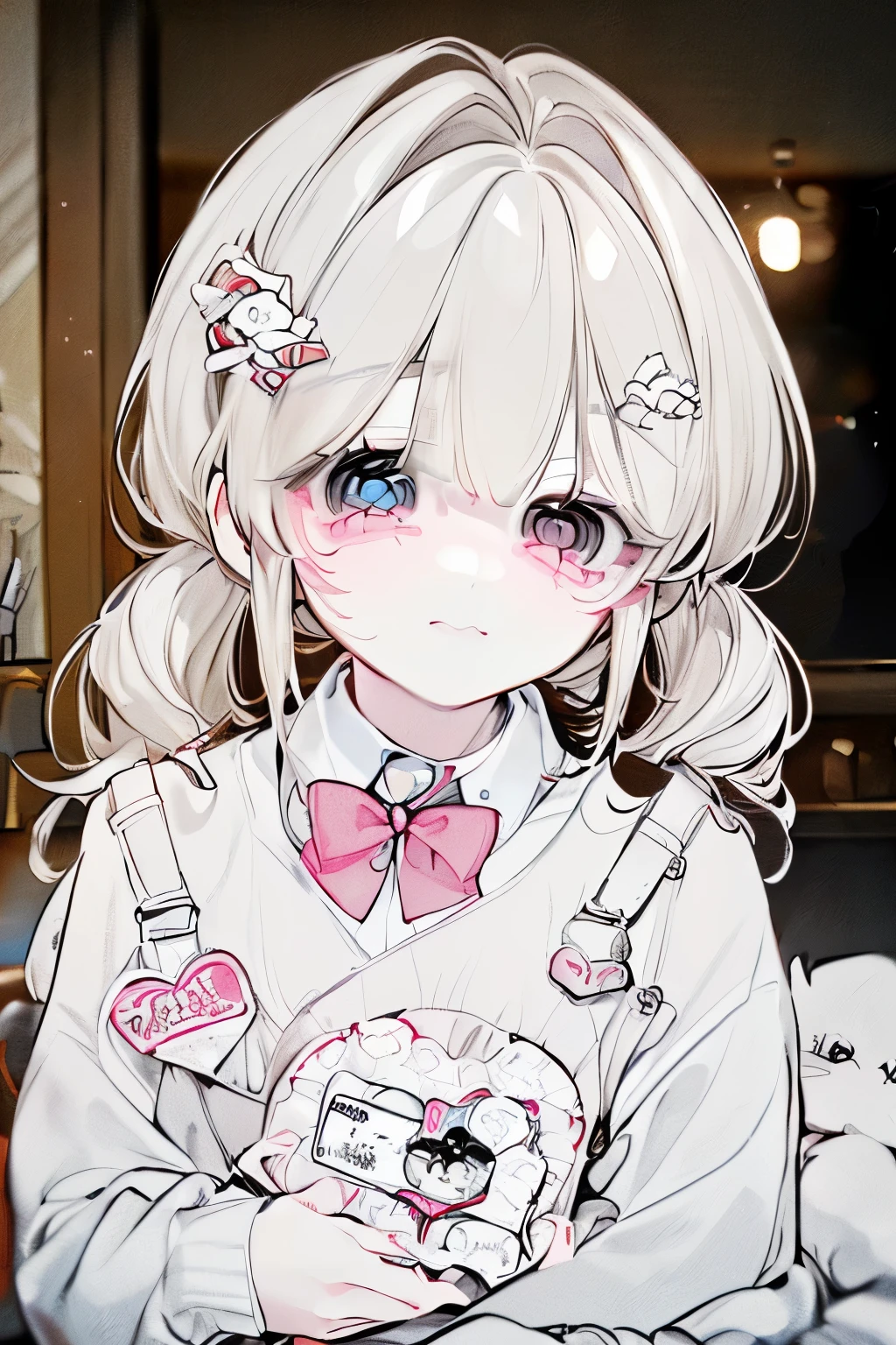 (best quality,4k,8k,highres,masterpiece:1.2),ultra-detailed,(realistic,photorealistic,photo-realistic:1.37),portrait,Kawaii,white hair,shy,introverted girl,pink cheeks,innocent eyes,adorable smile,cute kitten ears,wearing a cozy pink sweater and a bow tie,sitting sideways with her fingers crossed,white background.