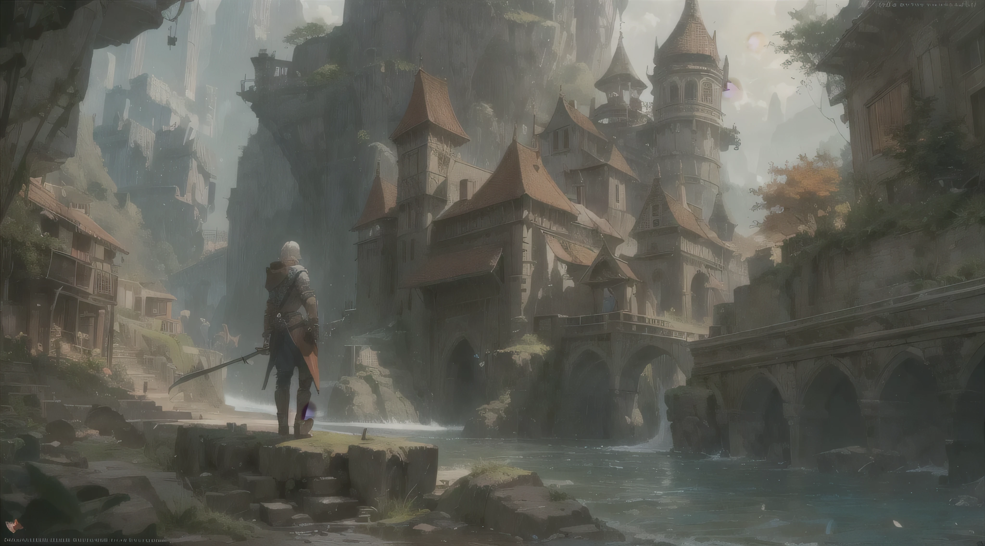 "(by Greg Rutkowski: 1.2), (masterpiece), ((best quality)), extremely delicate and beautiful, illustration, dynamic lighting, (fantasy landscape), A mesmerizing fantasy landscape with enchanting elements blending seamlessly. ((medieval coastal city (Neverwinter), dungeon and dragons)), A sense of tranquility and wonder fills the air, inviting exploration and discovery. Providing a distant view that captures the grandeur and atmosphere. From Brian Froud and Carne Griffiths and Wadim Kashin and John William Waterhouse, 8K post-production, high resolution, ((highly detailed)), depth of field, HDR, intricate"