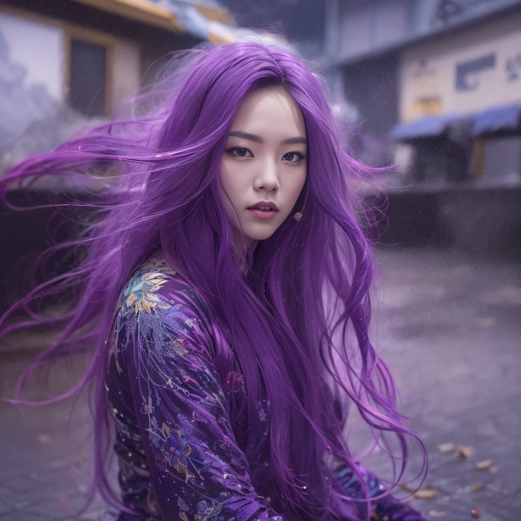 32K(tmasterpiece,k hd,hyper HD,32K)Long flowing bright purple hair,Autumn Pond,zydink, a color, Asian people (Silly girl), (Silk scarf), Combat posture, looking at the ground, long whitr hair, Floating bright purple, Fire cloud pattern gold skull headdress, Chinese long-sleeved gold silk garment, (abstract ink splash:1.2), white backgrounid,Lotus protector(realisticlying:1.4),Bright purple hair,Smoke on the road,The background is pure,Side squats, A high resolution, the detail, RAW photogr, Sharp Re, Nikon D850 Film Stock Photo by Jefferies Lee 4 Kodak Portra 400 Camera F1.6 shots, Rich colors, ultra-realistic vivid textures, Dramatic lighting, Unreal Engine Art Station Trend, cinestir 800,Long flowing bright purple hair