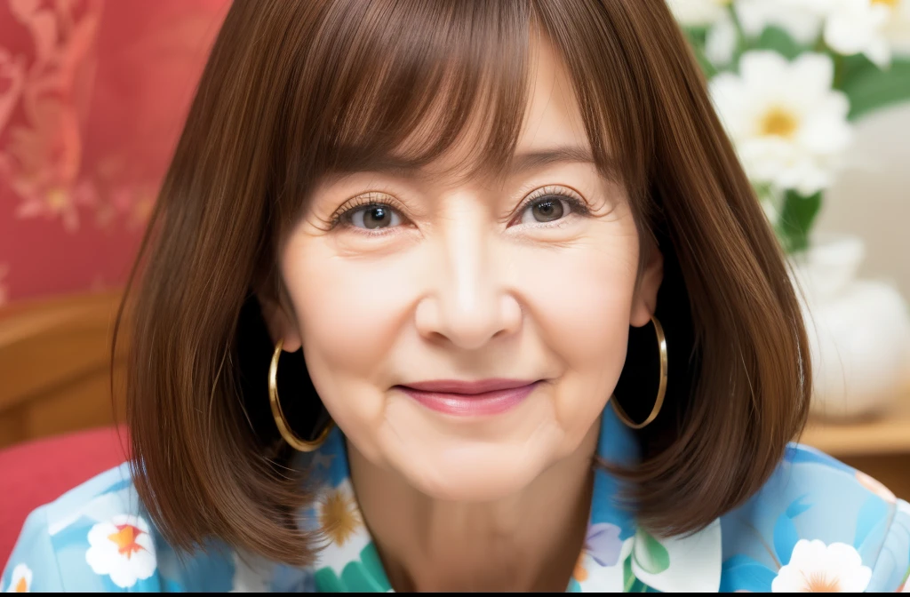 myself　woman　55 years old　The whole head fits in the image　bob hair　Brown Hair　beautiful hair shiny hair　Has bangs　まとまりのあるbob hair　Look at me　Eyes meet　Tuck hair behind ears　Japan( sharpen ), (Purelos Face_v1:0.7), (8K, highest quality), unconscious, Open Eyes, Big, perfect hands, High resolution, original, (Flat Color:0.9),(Colorful:1.1),(masterpiece:1,2), highest quality, masterpiece, High resolution, original, Highly detailed wallpaper, Viewer Perspective, alone, Portrait, Mature Woman Body Set, A slight smile, While staring at this, Japanese style room background,Natural wrinkles, Wrinkles around the eyes, Surreal, Natural Skin, Natural Hair Color, Bright red lips