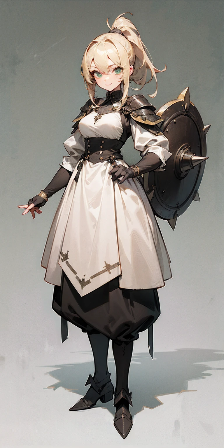 hands on sides, (masterpiece), ultra-detailed, 1girl, detailed eyes, medium breasts, gray background, (full body), green eyes, gray background, full plate armor, confident smile, staring at the viewer, blond hair in a ponytail, standing with a square spike shield