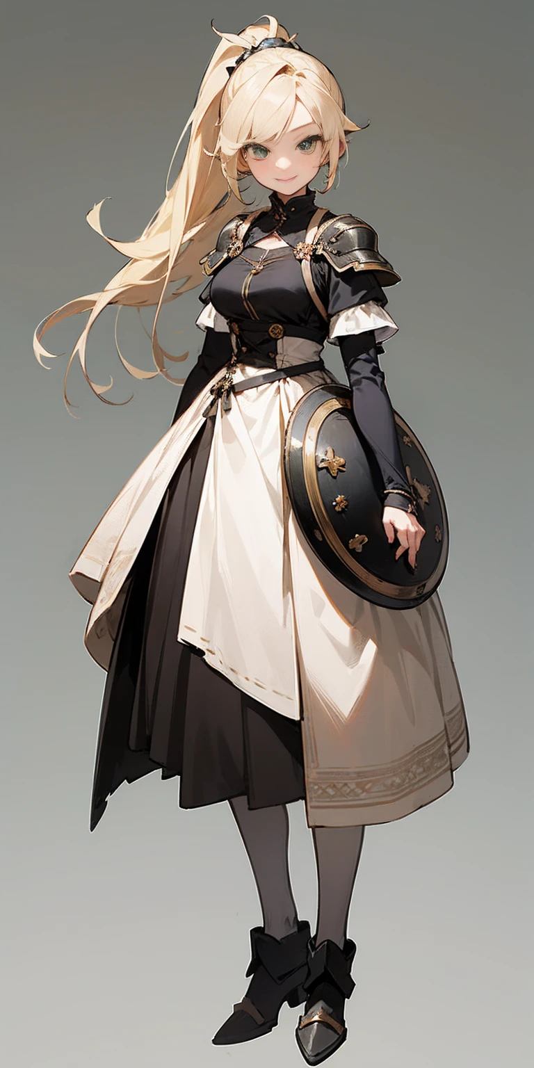 hands on sides, (masterpiece), ultra-detailed, 1girl, detailed eyes, medium breasts, gray background, (full body), green eyes, gray background, full plate armor, confident smile, staring at the viewer, blond hair in a ponytail, standing with a square spike shield