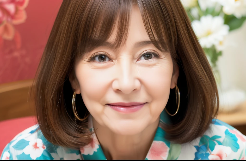 myself woman 45 years old The whole head fits in the image bob hair Brown Hair beautiful hair shiny hair Has bangs まとまりのあるbob hair Look at me Eyes meet Tuck hair behind ears Japan( sharpen ), (Purelos Face_v1:0.7), (8K, highest quality), unconscious, Open Eyes, Big, perfect hands, High resolution, original, (Flat Color:0.9),(Colorful:1.1),(masterpiece:1,2), highest quality, masterpiece, High resolution, original, Highly detailed wallpaper, Viewer Perspective, alone, Portrait, Mature Woman Body Set, A slight smile, While staring at this, Japanese style room background,Natural wrinkles, Wrinkles around the eyes, Surreal, Natural Skin, Natural Hair Color, Bright red lips