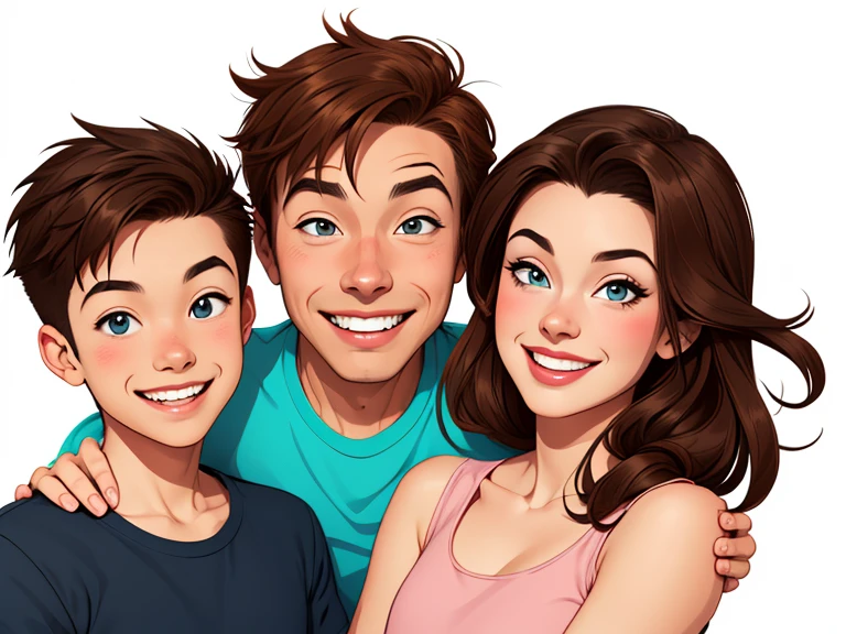 Happy couple of man and woman with beautiful smile cartoon style digital illustration white background with a son and a daughter