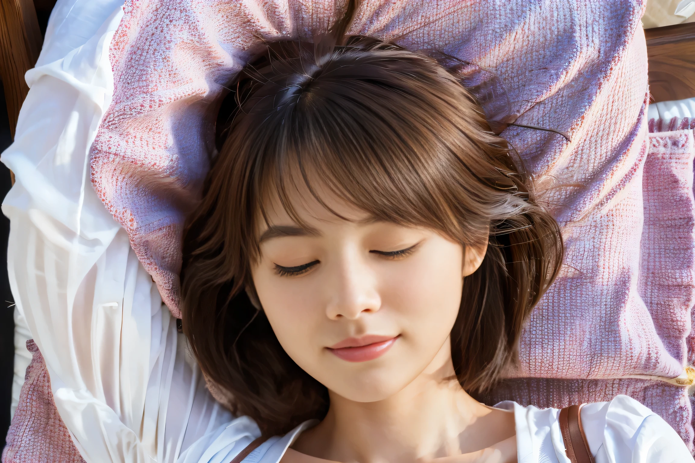 masterpiece, highest quality, Photorealistic, Very detailed, finely, High resolution, 8K Wallpaper, Professional, High level of detail, ((One 20-year-old girl:1.2)), Slender Japanese women,cute lips, Detailed clavicle, Mid-chest、Perfect Face, (Cute short hair:1.5), Chestnut Hair、night、In the bedroom、(Sleeping on the bed with her eyes closed and a cute sleeping face:1.5)、(Full-body long shot:1.5)