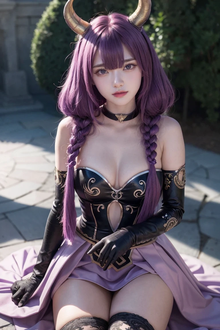 aura the guillotine,
aura the guillotine, long hair, (purple eyes:1.1), purple hair, braid, horns, twin braids, smile,
skirt, thighhighs, gloves, choker, black gloves, elbow gloves, magical girl,
outdoors,
looking at viewer,
(masterpiece:1.2), best quality, high resolution, unity 8k wallpaper, (illustration:0.8), (beautiful detailed eyes:1.6), extremely detailed face, perfect lighting, extremely detailed CG, (perfect hands, perfect anatomy),