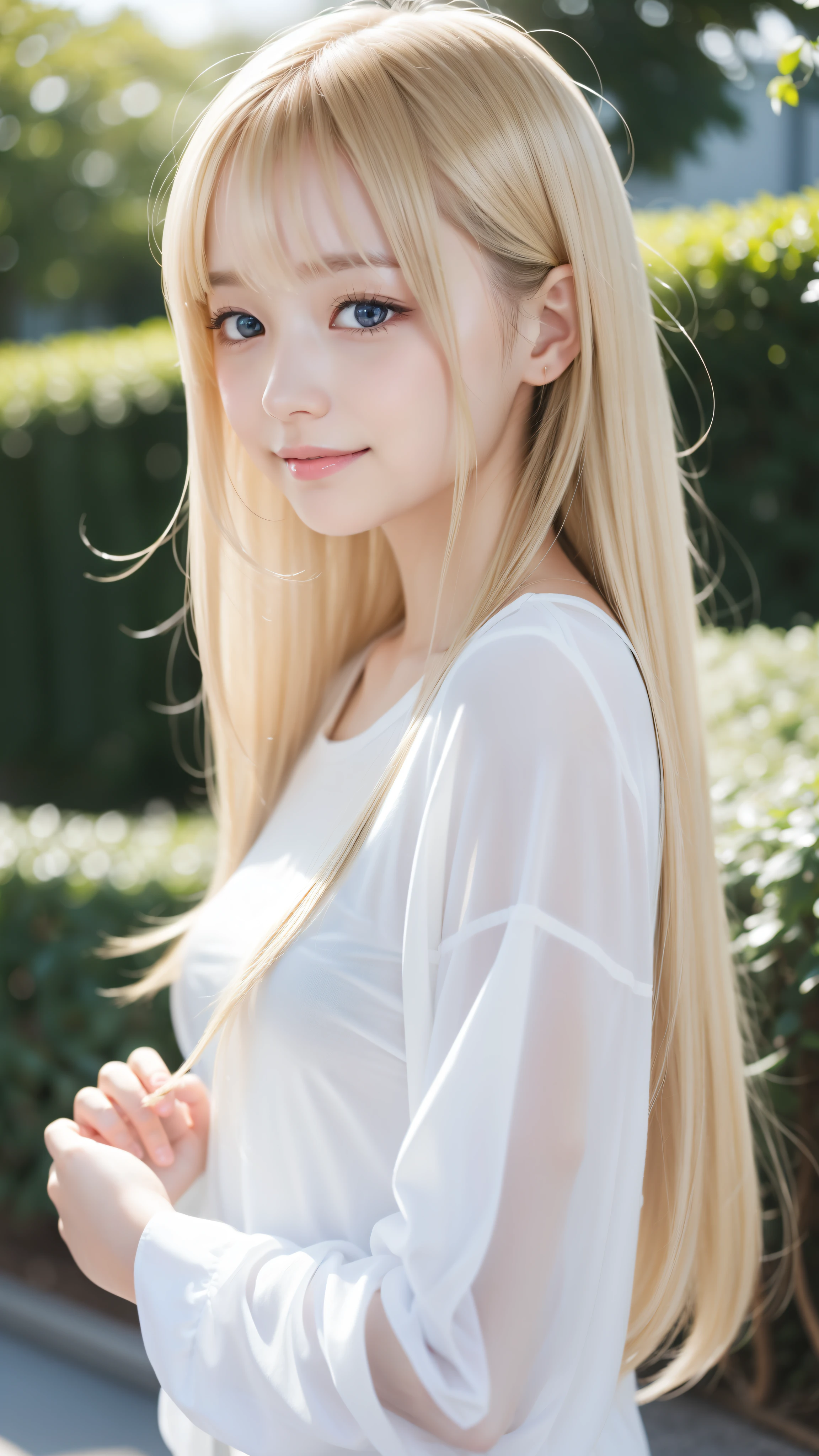 Shiny and transparent white skin、Windy hair disturbs your cute face、giant、one 10 year old cute sexy little beautiful face、Beautiful straight hair that stands out、spectacular, beautiful azure eyes with bright、Long soft bangs that cover cute eyes, sexy face hiding hair super long hair sexy cute young women long natural blonde shiny shiny hair,Holding the paper out clearly in front of you,smile,Blank paper held in both hands,