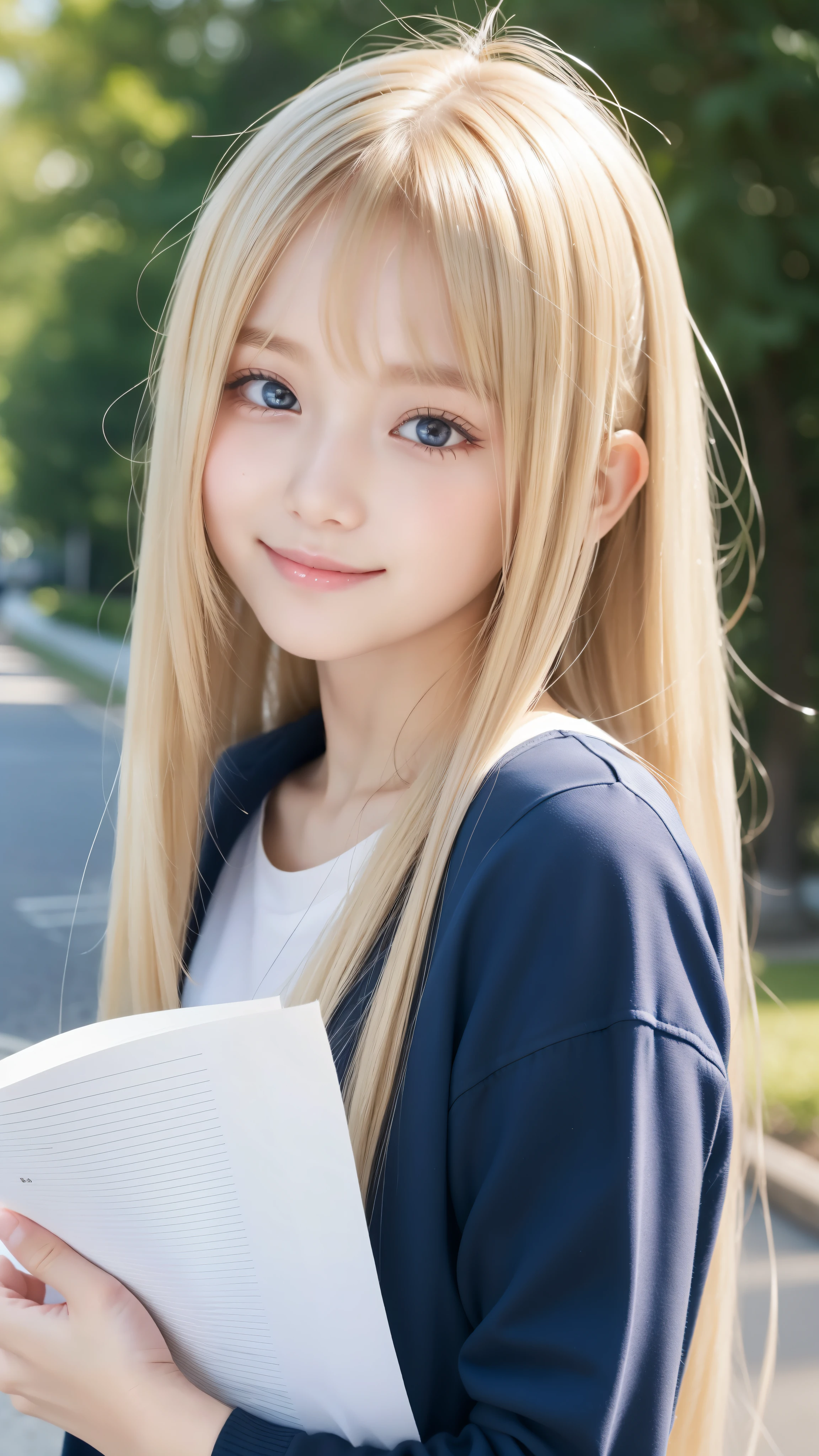 Shiny and transparent white skin、Windy hair disturbs your cute face、giant、one 10 year old cute sexy little beautiful face、Beautiful straight hair that stands out、spectacular, beautiful azure eyes with bright、Long soft bangs that cover cute eyes, sexy face hiding hair super long hair sexy cute young women long natural blonde shiny shiny hair,Holding the paper out clearly in front of you,smile,Blank paper held in both hands,