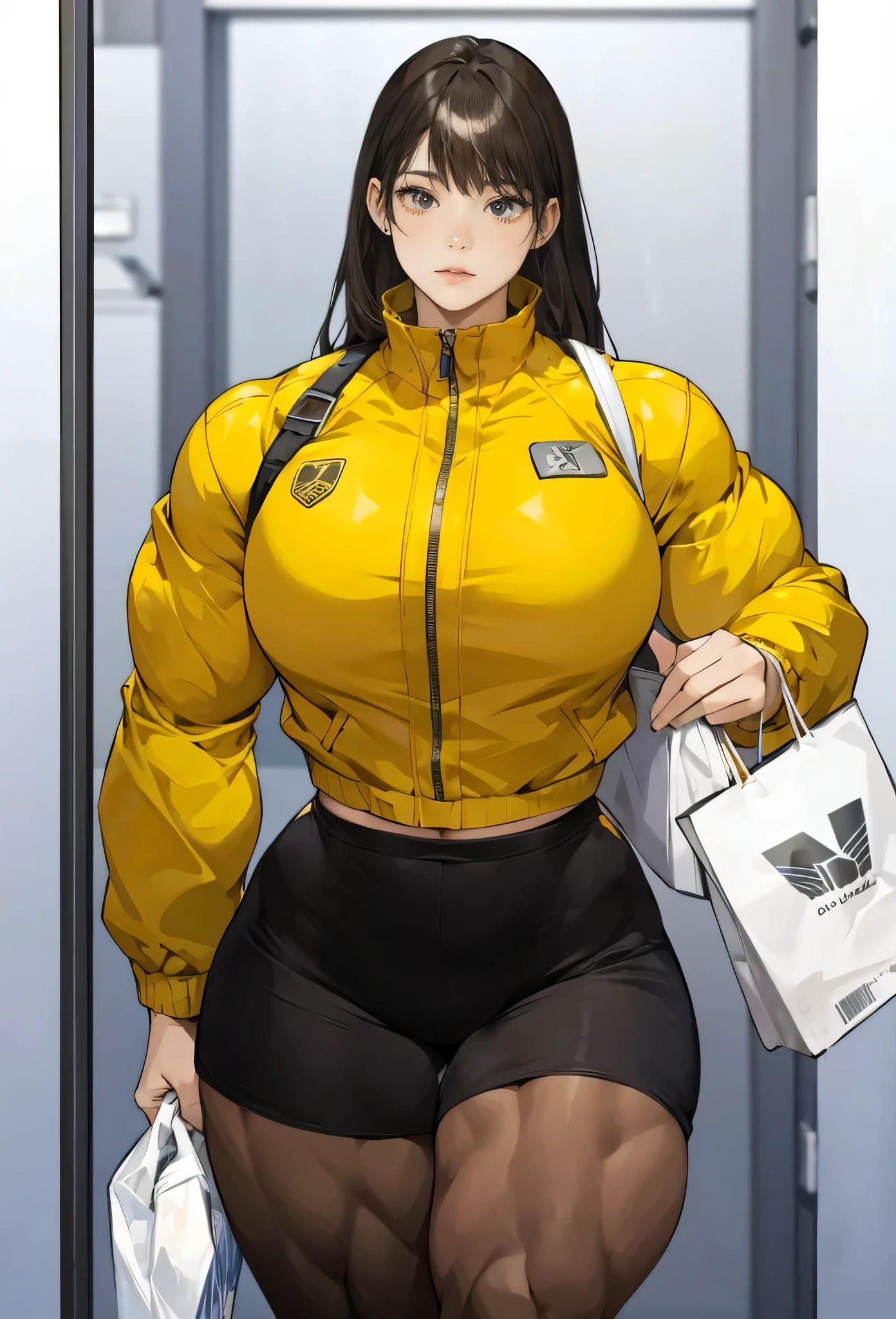 ,tall girl,solo, muscular female, alternate muscle size,,muscular ,biceps,,yellow jacket,pantyhose,muscular thighs,open door