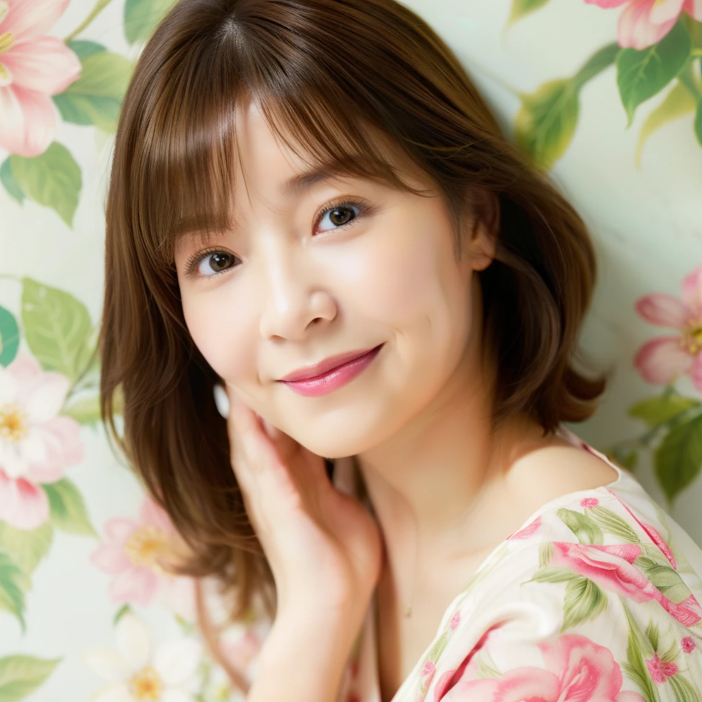 Upper Body myself woman 50 years old chin-length bob hair Almond-toned light brown hair beautiful hair shiny hair Green and pink floral background Japan( sharpen ), (Purelos Face_v1:0.7), (8K, highest quality), unconscious, Open Eyes, , High resolution, original, (Flat Color:0.9),(Colorful:1.1),(masterpiece:1,2), highest quality, masterpiece, High resolution, original, Highly detailed wallpaper, Viewer Perspective, alone, Portrait, Mature Woman Body Set, A slight smile, While staring at this,Natural wrinkles, Wrinkles around the eyes, Surreal, Natural Skin, Natural Hair Color, Bright red lips