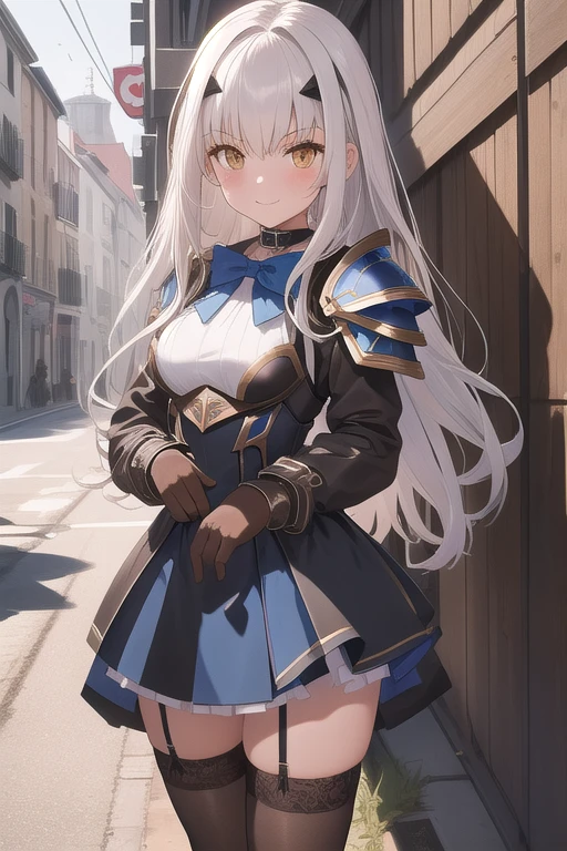 masterpiece, highest quality, High resolution, BBS, melusine, (brown eyes:1.5), long hair, white hair, sidelocks,, black choker, bow tie, Collared shirt, hoodie, Black jacket, Open clothes, Long sleeve, Grey Skirt, Pleated skirt, Black knee socks, Are standing, Cowboy Shot, smile, Outdoor blue dress, dress, frills, long sleeves, thighhighs, thighs, white thighhighs,
armor, armored dress, black dress, black gloves, blue armor, blue dress, breastplate, dress, faulds, gloves, mask, pauldrons, short dress, shoulder armor,