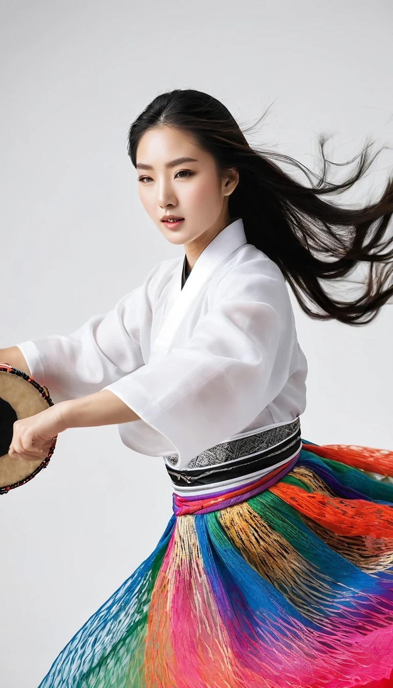 （Motion blur）,（Blurred motion lines） ，black and white close up, white background, (a beautiful girl in an intricate and colorful hanbok is passionately beating a Chinese drum: 1.3), translucent dormant air particles on the hem of the skirt, professional fashion photography, super macro, (unusually much long wavy hair flying wildly: 1.2), super detailed textures, tilted shifting of the hands and the face, poster style, minimalist, nikon, Hasselblad, Canon, Fujifilm,16K