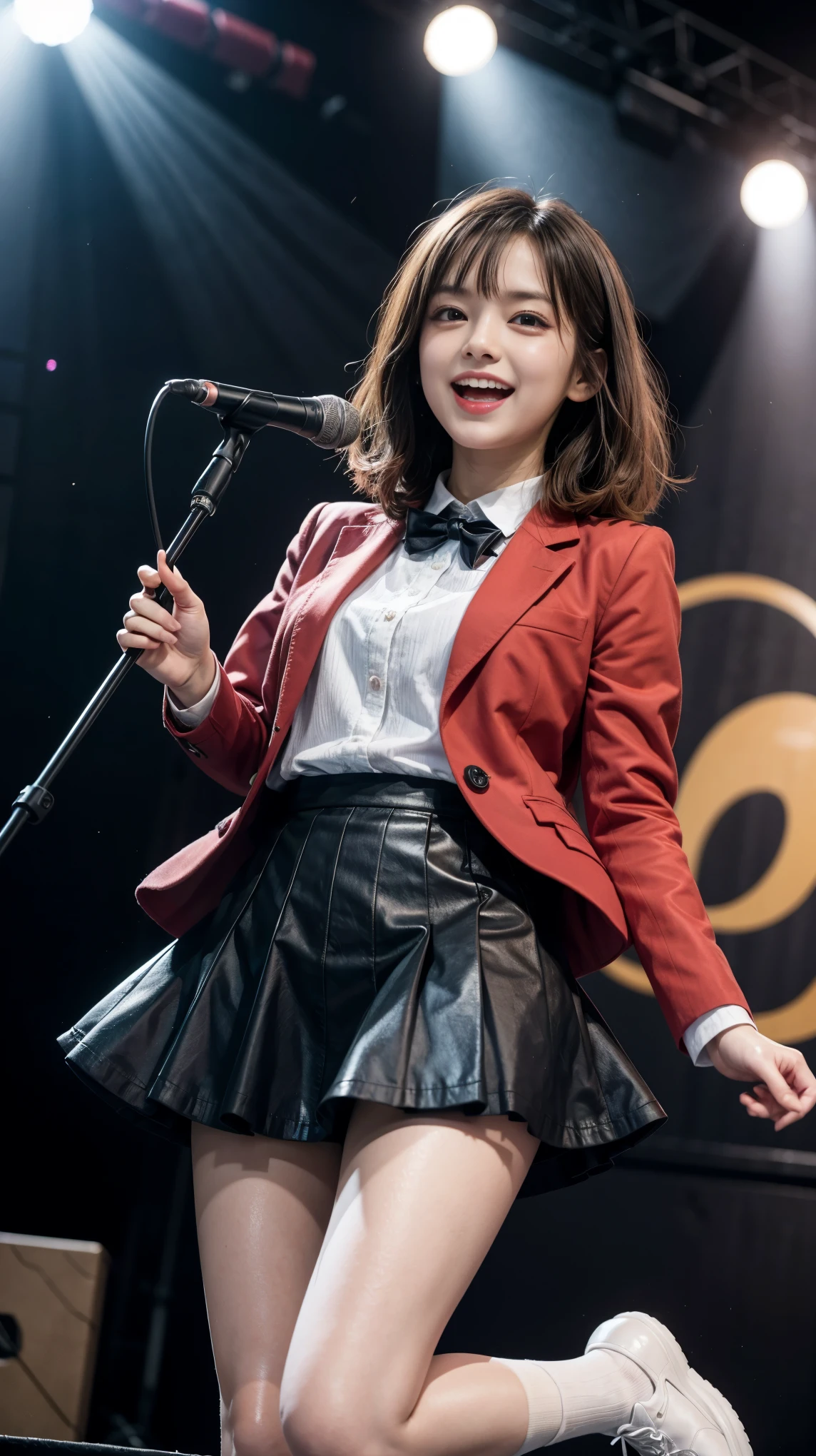 quality,masterpiece,Ultra-high resolution,(Actual:1.4),Original photo,Ultra-high resolution,8K,Wearing Nogizaka46 stage costumes,Fancy makeup with red eyeshadow,Big laughing smile,Short cut with delicate brown hair,A live costume of a high school girl's uniform mini skirt,Live costume: high school girl uniform jacket,She is jumping with her skirt rising up,Two girl idols,Concert Venues
