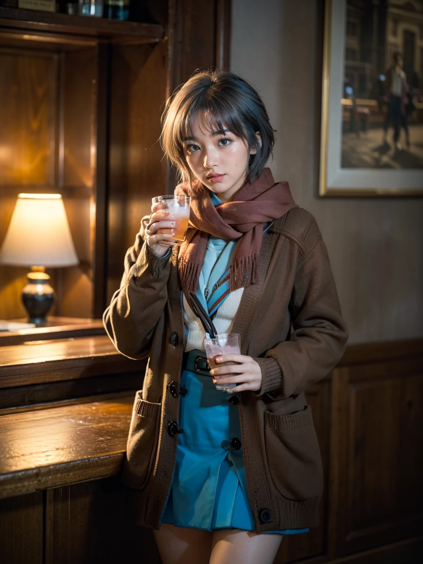 (1 lady), (Best quality at best:1.4), (ultra - detailed), (extremely detailed CG unified 16k), A Beautiful Woman with Perfect Figure: 1.4, Sharp Focus: 1.2, very detailed, High-definition RAW color photo, professional photoshooting, amazing face and eyes, cosmetics, (amazingly beautiful girl), ((yuki)), ((winter uniform, cardigan, kneehighs, blue skirt, serafuku, brown coat, scarf, kneehighs)), standing, yposture,(Dark and stylish bar, drinks, lamp lights, lamp lights:1.3), (look from down), realistic cinematic face, head to feet long wide zoomed out view, full body long view, photorealistic, ((realistic natural grayish purple hair style, yellowish eyes)), gorgeous, extremely beautiful face, perfect model beauty, pout mouth, Highly Detailed Face and Skin Texture, Detailed Eyes, Double Eyelids, Bignexpressive face, cleavages, wesasterpiece), best quality, high resolution, extremely detailed, blurred background, depth of field, cinematic lighting, amazing legs, high heels, clear and well-cared skin, drinking a shot of whisky