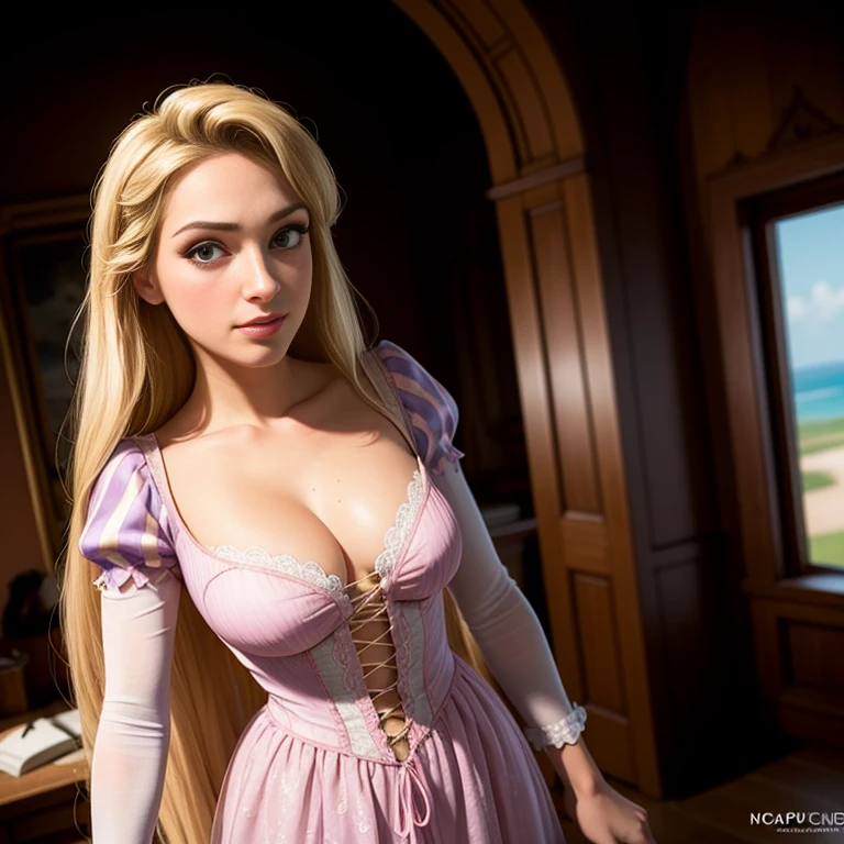 Masterpiece, best quality, Rapunzel, long pink dress, blonde hair, cleavage, looking at viewer, sexy smirk, in a tower, cowboy shot