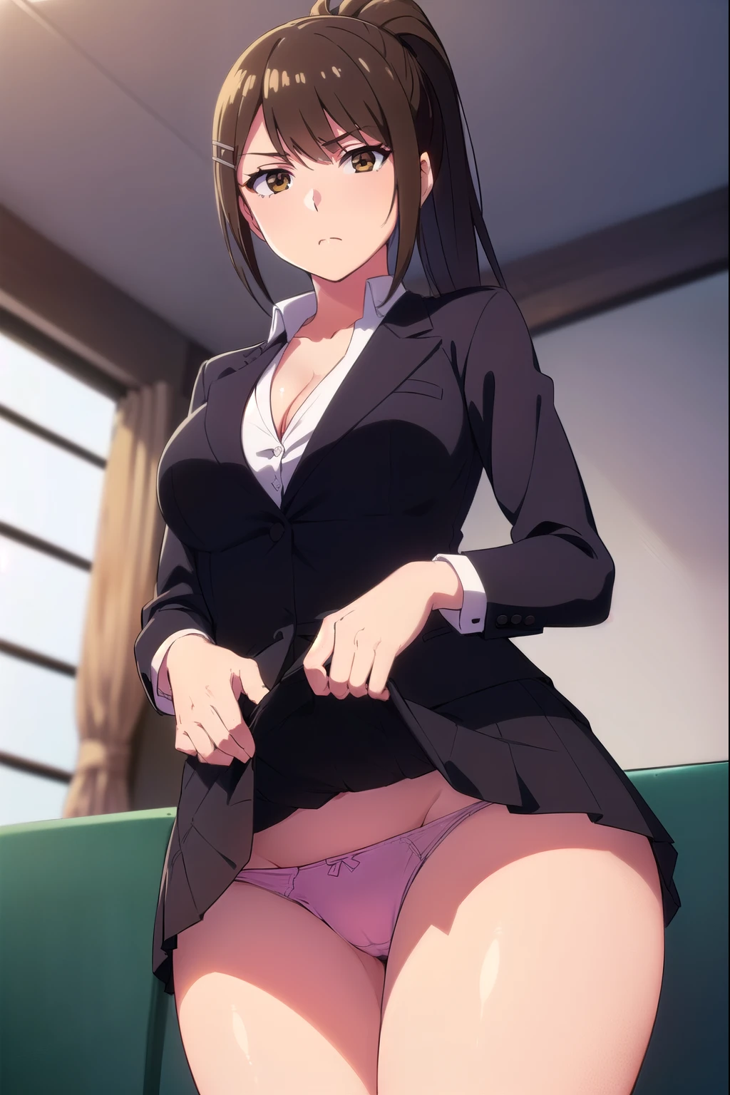 highest quality, masterpiece, High resolution, 1 girl, sae chabashira, (30 year old adult woman:1.5), (Upper Body), Long Hair, (black髪:1.5), (hair ornaments), (Brown eyes:1.5), ponytail, (Hair Clip), clavicle, (black_Jacket:1.5), (whiteのシャツ:1.5), (Detailed and beautiful eyes:1.6), Highly detailed face, Perfect lighting, Extremely detailed CG, (Perfect hands:1.5), (blush), classroom, (open chest:1.5), (big胸:1.5), (big:1.5), whiteいThighs, (Wide pelvis), (Are standing), (とてもbig_Lower Body:1.5), (Very thick_Thighs:1.5), (完全に露出したPanties:1.5), (Panties丸見え:1.5), (white_race_It's stuck in_Panties:1.5), (Lift up the skirt:1.5), (スカート that rolls up:1.5), (股間のアップをFrom below見上げる_perspective:1.5), (From below:1.5), (Watching the audience), (Cowboy Shot)