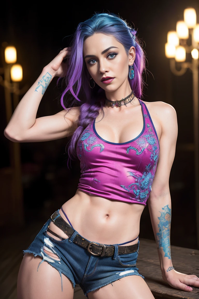 Masterpiece, Jinx from Arcane, tank top, tight ripped jeans, intricately detailed background, (UHD, 8K wallpaper, High resolution), Cinematic lighting, award-winning, extremely detailed skin, extra detailed face, high detail eyes, photo-realistic, Zeiss 85 mm F/1.4, by Ellen von Unwerth