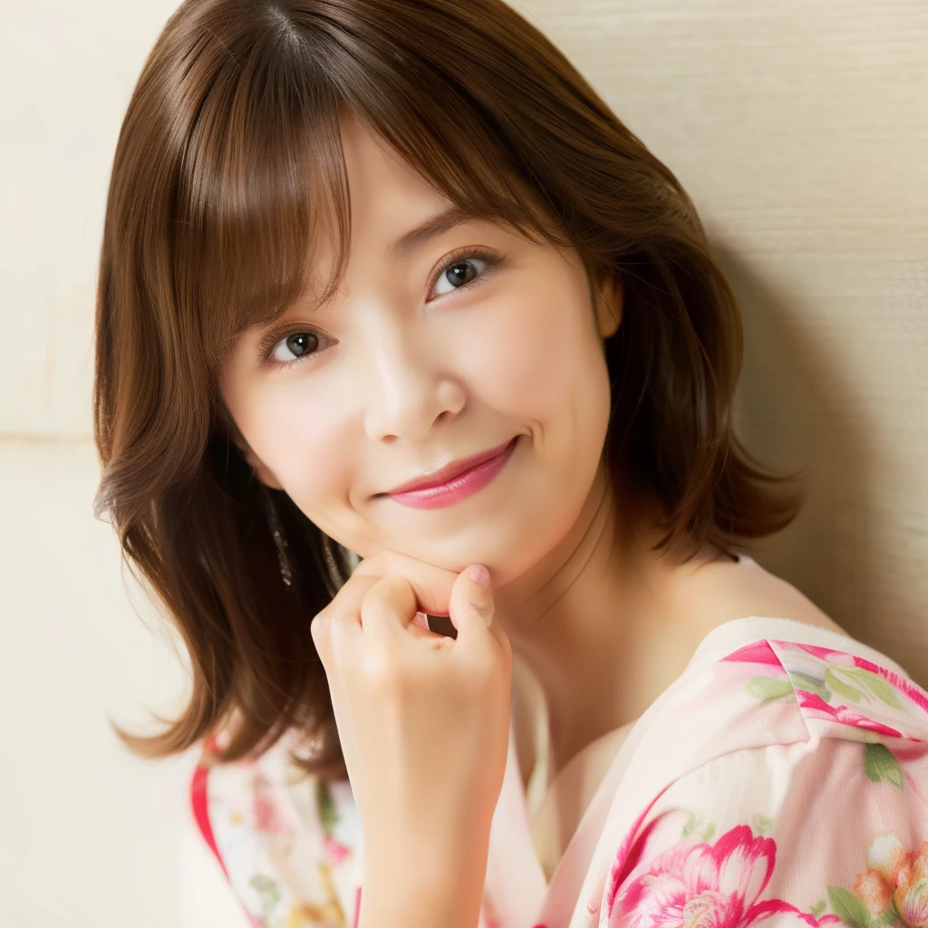 Upper Body myself woman 45 years old Straight, tidy bob hair Brown Hair beautiful hair shiny hair Green and pink floral background Japan( sharpen ), (Purelos Face_v1:0.7), (8K, highest quality), unconscious, Open Eyes, , High resolution, original, (Flat Color:0.9),(Colorful:1.1),(masterpiece:1,2), highest quality, masterpiece, High resolution, original, Highly detailed wallpaper, Viewer Perspective, alone, Portrait, Mature Woman Body Set, A slight smile, While staring at this,Natural wrinkles, Wrinkles around the eyes, Surreal, Natural Skin, Natural Hair Color, Bright red lips