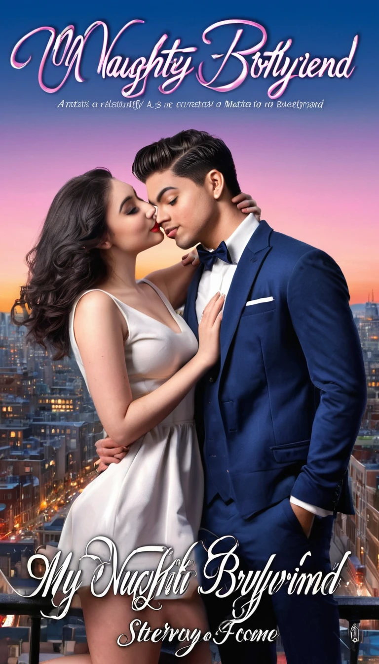 Creating a realistic world-class novel storybook cover titled "My Naughty Boyfriend". The cover features an artistic depiction of a young couple in a playful pose, set against a backdrop of a bustling cityscape at dusk. The title is elegantly displayed in bold, cursive lettering at the top of the cover.