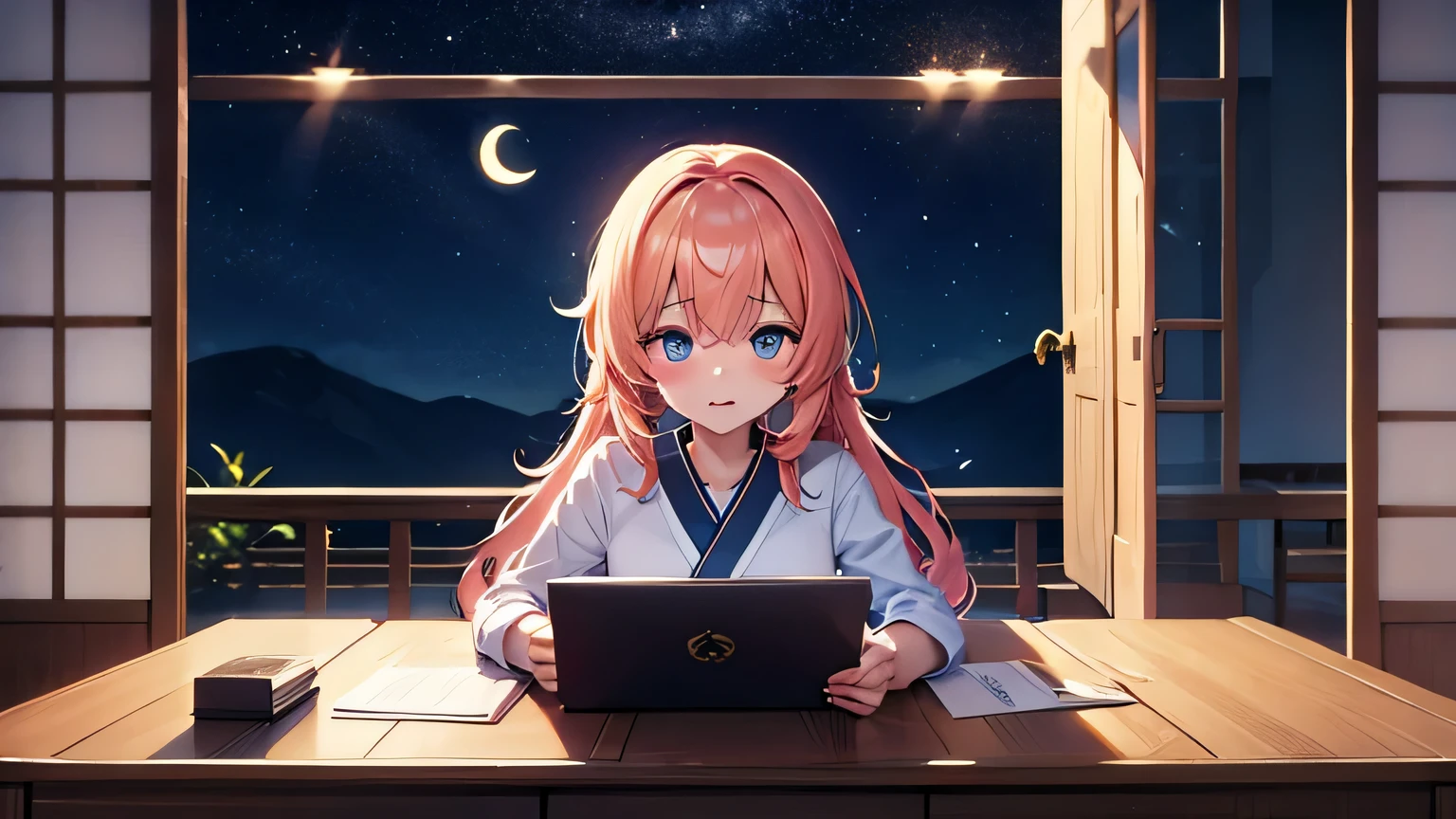Girl studying in room Outside the room, it's night Starry Sky Crescent Moon Japanese anime style