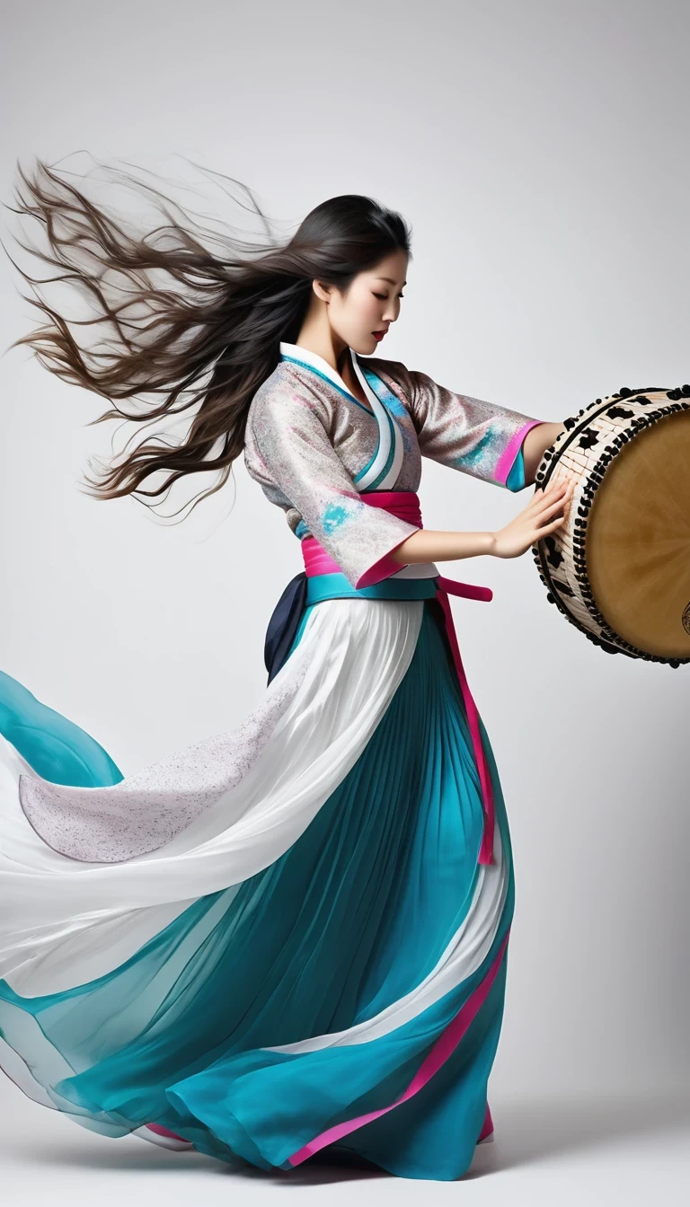 Motion blur, black and white close up, white background, (a beautiful girl in an intricate and colorful hanbok is passionately beating a Chinese drum: 1.3), semi-transparent stinging air particles on the hem of her skirt, professional fashion photography, super macro, unusually much long wavy hair flying wildly, super detailed textures, tilted shifted hands and face, poster style, minimalist, Nikon, Hasselblad, Canon, Fujifilm, 16K