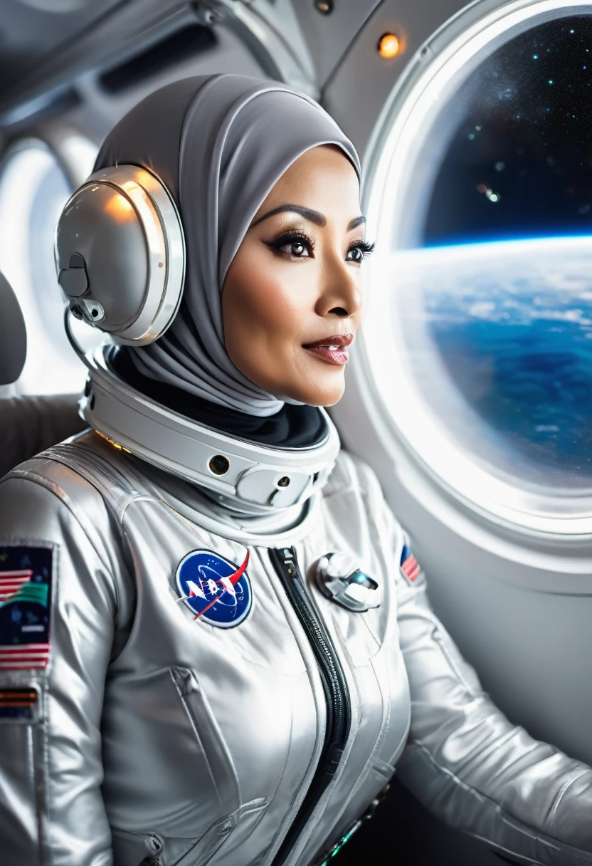 (A busty woman, Malaysian age 40, sexy space suit, hijab no hair showing, many blinking lights and high tech gadgets) Is looking out a window on her space ship, outside is a blur of motion