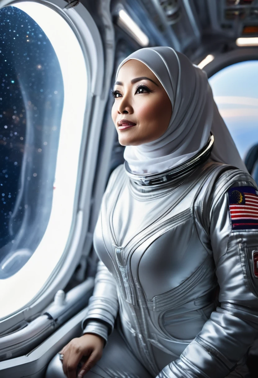 (A busty woman, Malaysian age 40, sexy space suit, hijab no hair showing, many blinking lights and high tech gadgets) Is looking out a window on her space ship, outside is a blur of motion