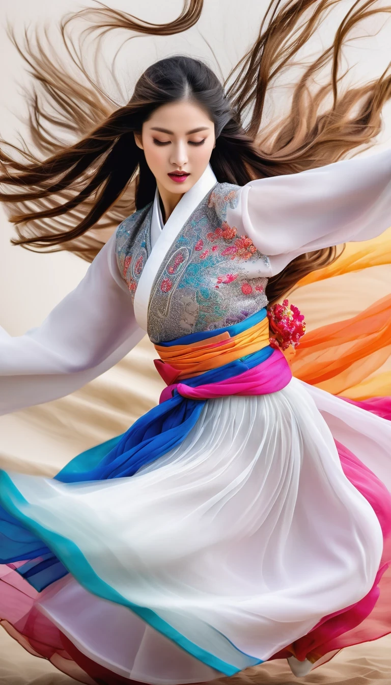 Motion blur, black and white close up, white background, (a beautiful girl in an intricate and colorful hanbok is passionately beating a Chinese drum: 1.3), translucent dormant air particles on the hem of the skirt, professional fashion photography, super macro, (unusually much long wavy hair flying wildly: 1.2), super detailed textures, tilted shifting of the hands and the face, poster style, minimalist, nikon, Hasselblad, Canon, Fujifilm,... 16K