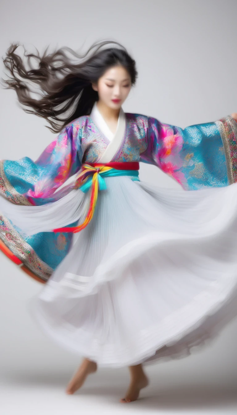Motion blur, black and white close up, white background, (a beautiful girl in an intricate and colorful hanbok is passionately beating a Chinese drum: 1.3), semi-transparent stinging air particles on the hem of her skirt, professional fashion photography, super macro, unusually much long wavy hair flying wildly, super detailed textures, tilted shifted hands and face, poster style, minimalist, Nikon, Hasselblad, Canon, Fujifilm, 16K