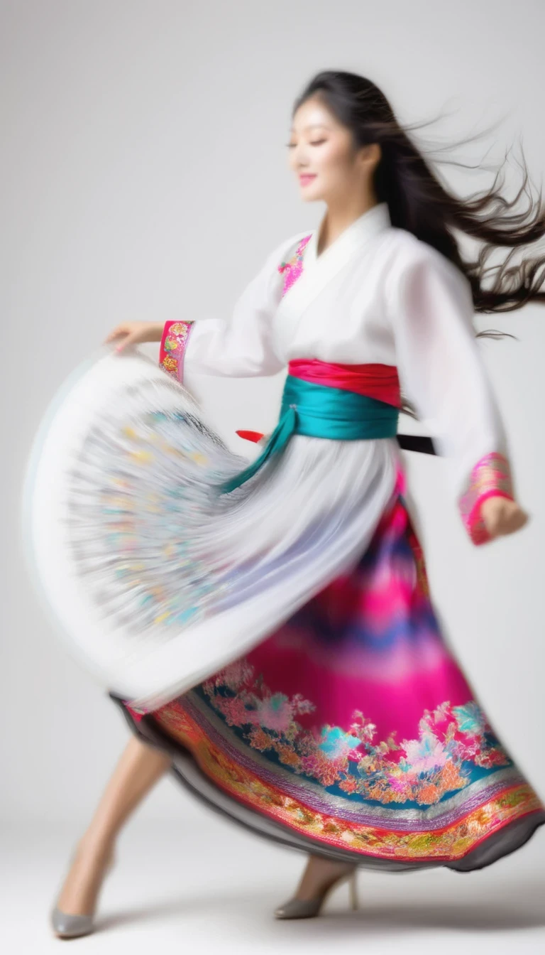 Motion blur, black and white close up, white background, (a beautiful girl in an intricate and colorful hanbok is passionately beating a Chinese drum: 1.3), semi-transparent stinging air particles on the hem of her skirt, professional fashion photography, super macro, unusually much long wavy hair flying wildly, super detailed textures, tilted shifted hands and face, poster style, minimalist, Nikon, Hasselblad, Canon, Fujifilm, 16K