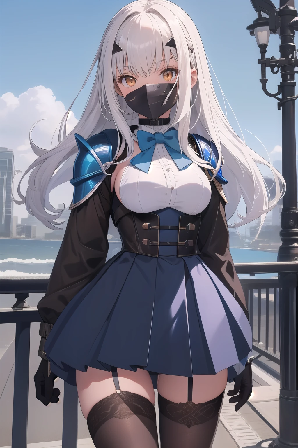 masterpiece, highest quality, High resolution, BBS, melusine, (brown eyes:1.5), long hair, white hair, sidelocks,, black choker, bow tie, Collared shirt, hoodie, Black jacket, Open clothes, Long sleeve, Grey Skirt, Pleated skirt, Black knee socks, Are standing, Cowboy Shot, smile, Outdoor blue dress, dress, frills, long sleeves, thighhighs, thighs, white thighhighs,
armor, armored dress, black dress, black gloves, blue armor, blue dress, breastplate, dress, faulds, gloves, mask, pauldrons, short dress, shoulder armor,