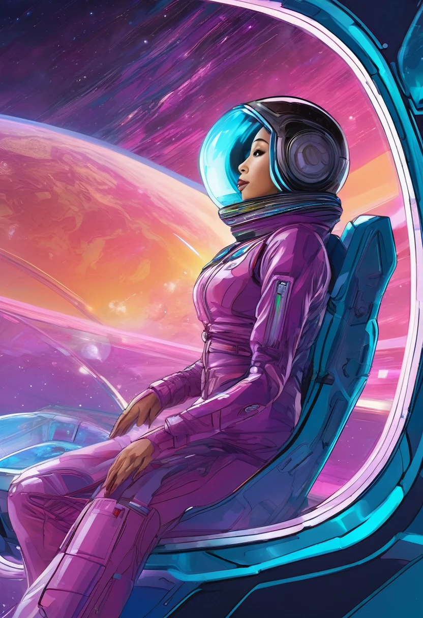 A busty woman, aged 40, from Malaysia, wearing a sexy space suit with a hijab covering her hair, is looking out of a window on her spaceship. The window overlooks a blurred motion of the outside, indicating a high-speed interstellar journey. The woman's confident gaze and the expression on her face suggest a sense of adventure and excitement. The window is surrounded by blinking lights and high-tech gadgets, showcasing the advanced technology and futuristic aesthetic of the spaceship. The lights create a mesmerizing display, illuminating the woman's face and highlighting her intriguing presence. The space suit she wears is sleek and form-fitting, emphasizing her curves and adding to the overall sensuality of the scene. The colors in the artwork are vibrant and dynamic, representing the vastness and beauty of the cosmos. Soft, ethereal blues and purples dominate the color palette, with occasional pops of bright and vivid colors. The lighting inside the spaceship is dim and atmospheric, casting dramatic shadows and enhancing the overall ambiance of the scene. The space ship itself is a marvel of engineering and design, with clean lines and futuristic shapes, seamlessly blending function and aesthetics. Overall, the prompt captures a compelling mix of sensuality and high-tech futurism, creating a visually stunning and captivating scene.