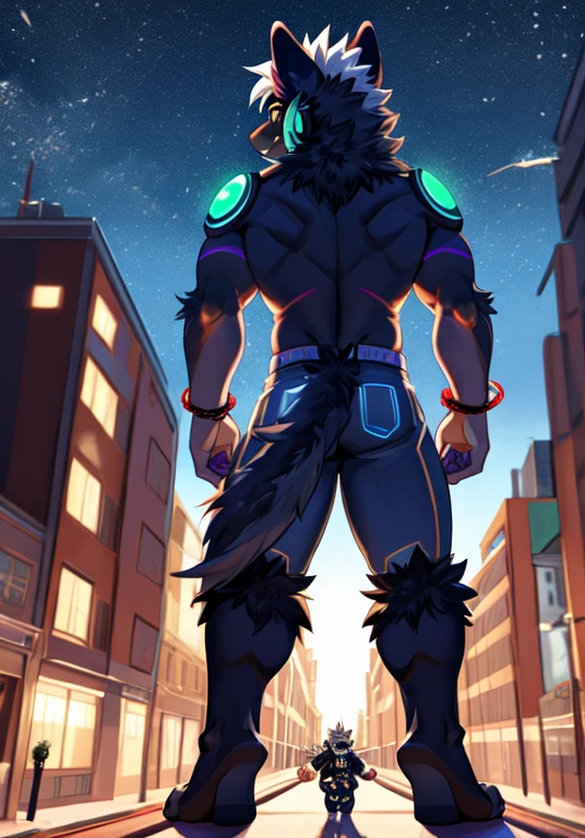 Protogen, (white fur with some green strands of fur) , city, happy, male, 8 foot 0, standing, looking at viewer, muscular, (big ass), back view, naked, macro, bending over,