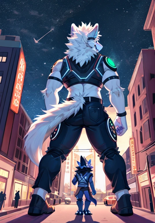 Protogen, (white fur with some green strands of fur) , city, happy, male, 8 foot 0, standing, looking at viewer, muscular, (big ass), back view, naked, macro, bending over,