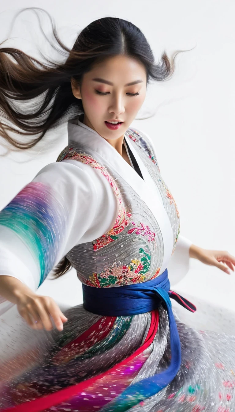 Motion blur, black and white close up, white background, a woman in an intricate and colorful hanbok dress, spinning frantically, translucent stinging air particles on the hem of the dress, professional fashion photography, super macro, extraordinarily rich and super detailed texture of long wavy hair, poster style, minimalist, tilted shifted hands and face, nikon, hasselblad, canon, fuji, 16k
